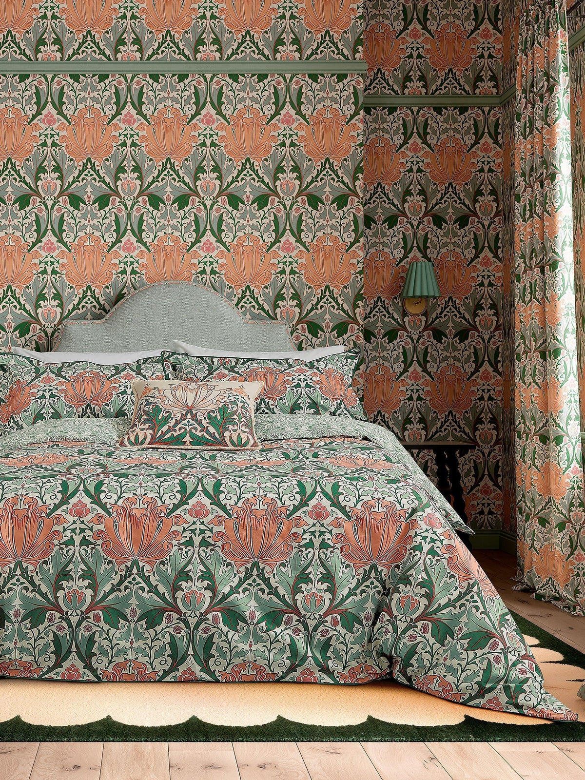 Morris & Co Peach Teal Helena duvet cover and pillowcase set, imported from the UK