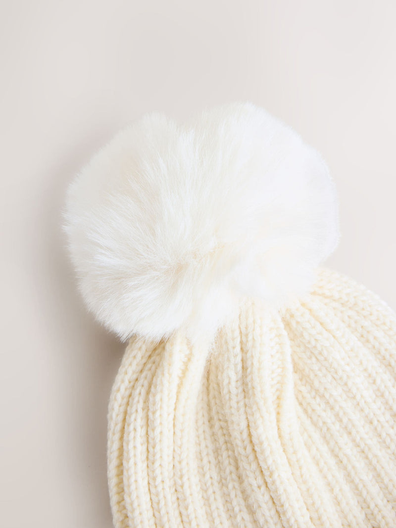White rib pom beanie for children, recycled polyester - British product