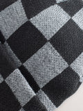 Kids beanie hat black grey check chunky knit, imported from the UK
