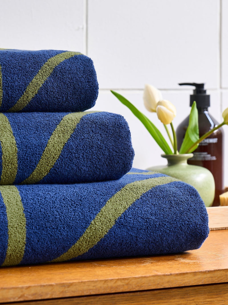 Orla Kiely Linear Stem hand towel navy and olive, UK version