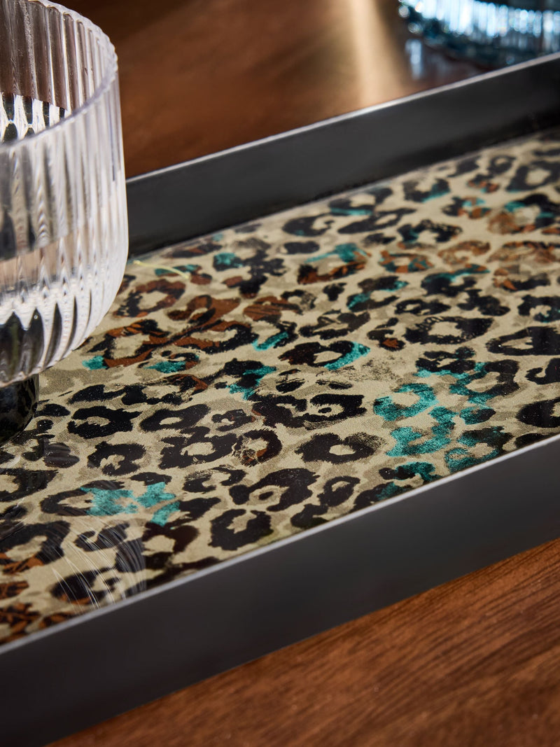 Leopard print glass and metal tray diameter 32cm, UK version