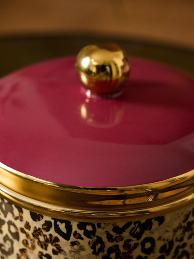 Flerfarget leopardmønstret keramisk pynteskrin med juveltonet lokk - 11 cm høyde, 12,5 cm diameter