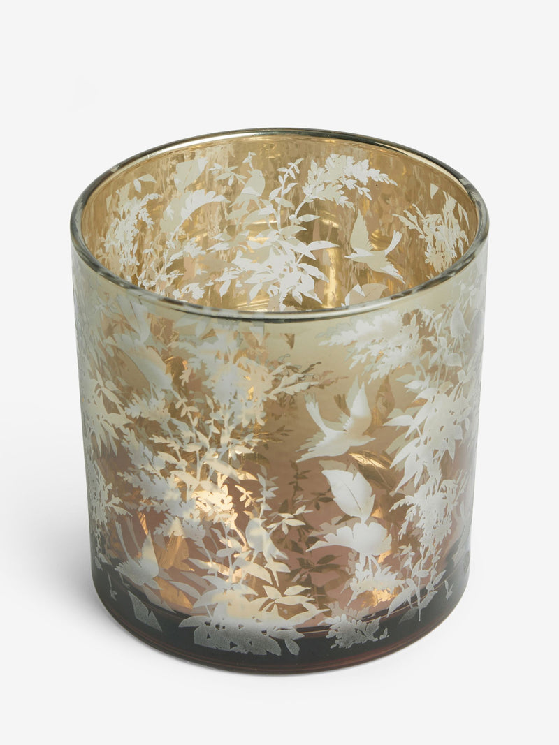 Gold botanical glass hurricane candle holder 15cm, imported from the UK