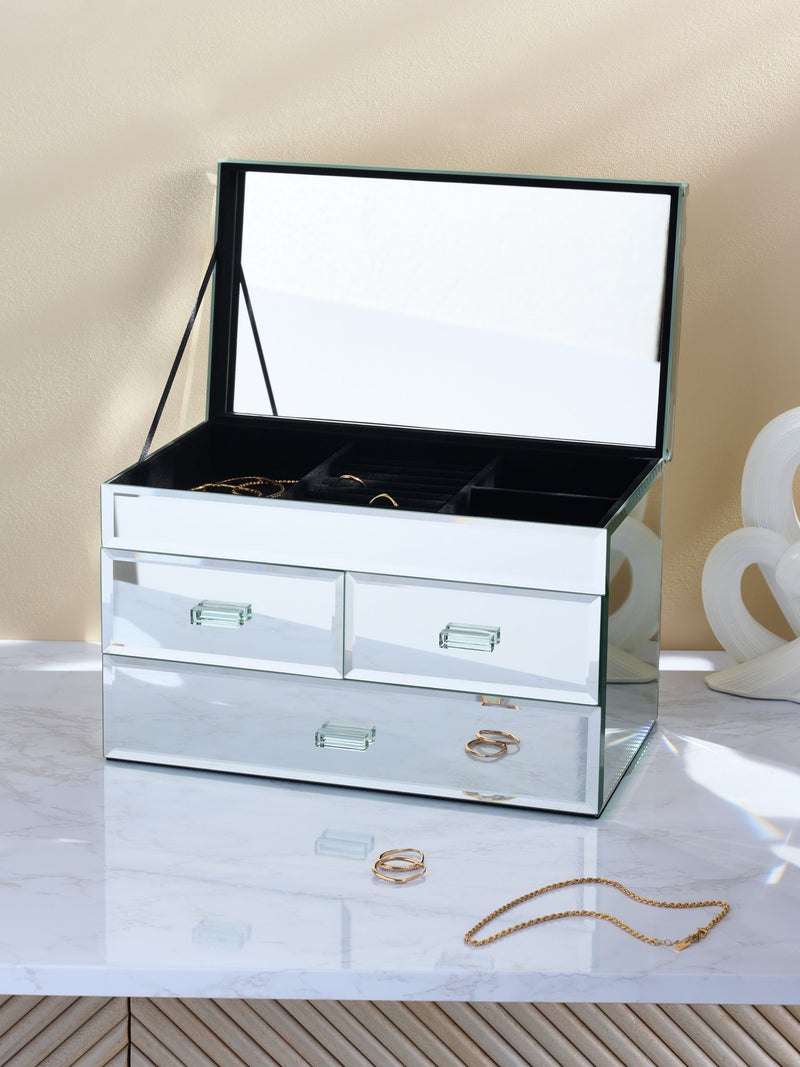 Large mirror jewellery box with ring holder and drawers, UK version