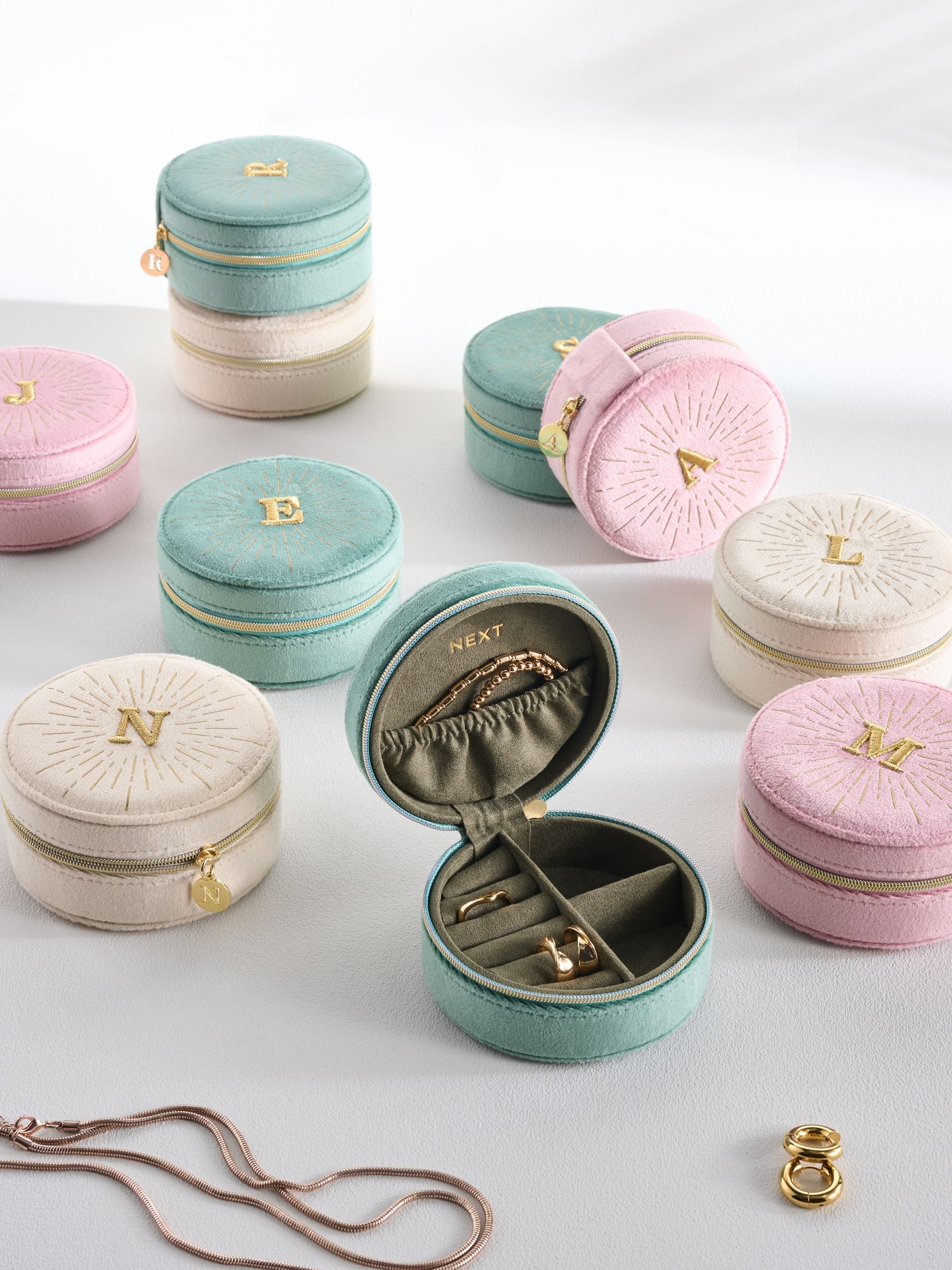 Pink velour monogram jewellery box with gold embroidery - British brand
