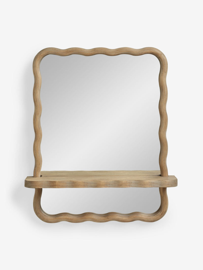 Natural Wavy Pine Wood Shelf Bathroom Wall Mirror