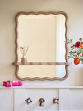 Natural Wavy Pine Wood Shelf Bathroom Wall Mirror