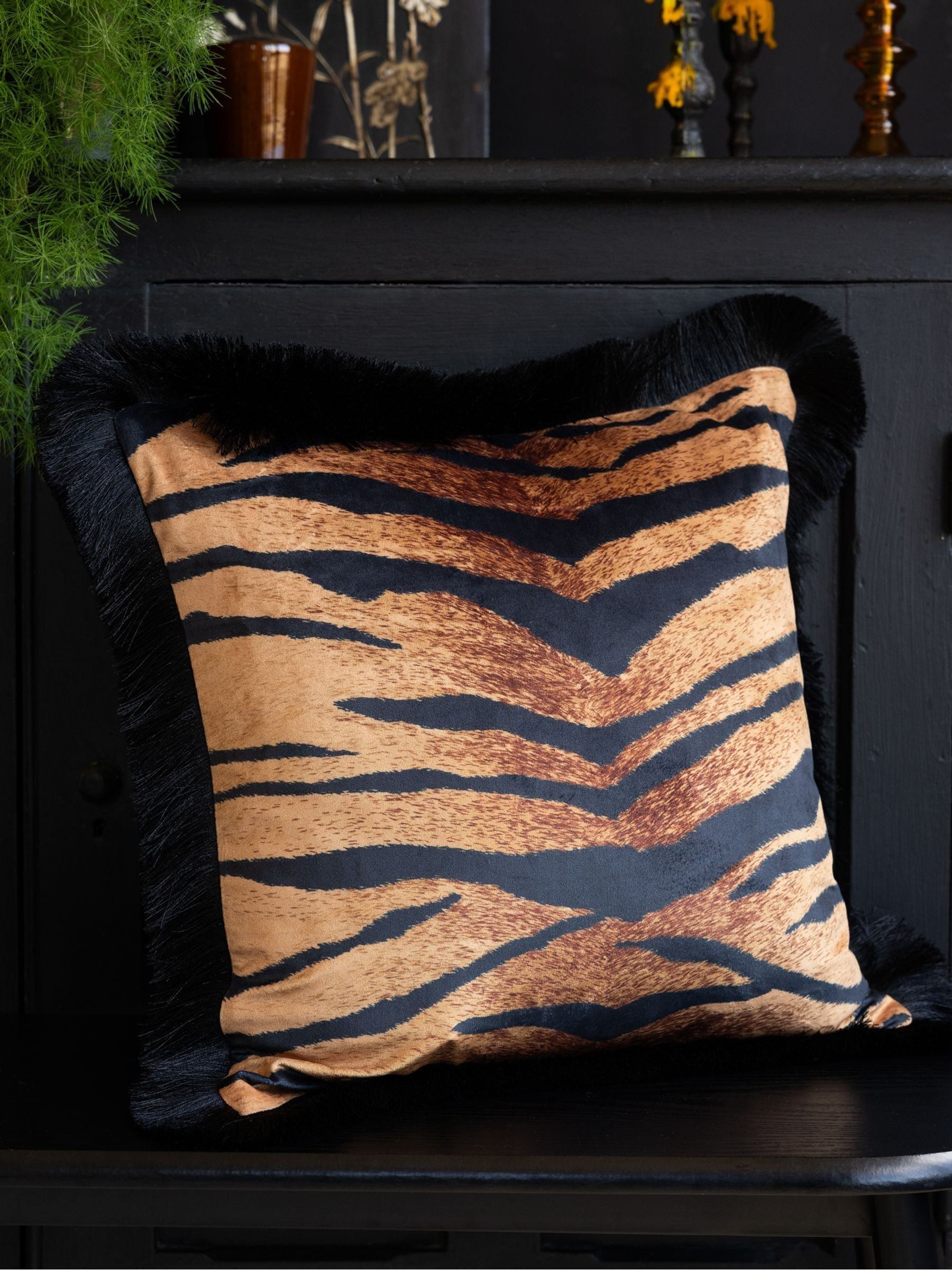 Rockett St George Tiger Velvet Fringe Cushion