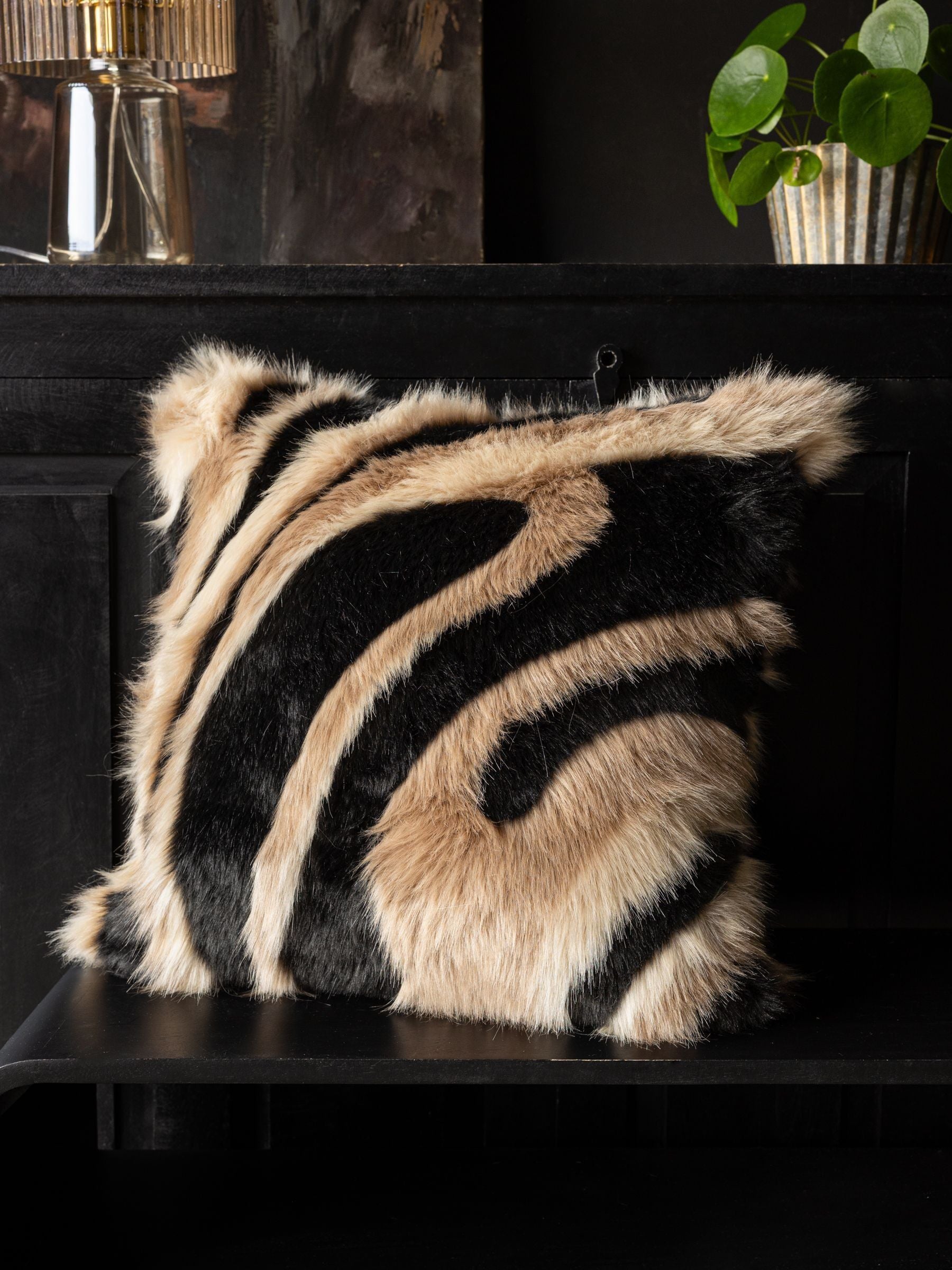 Rockett St George black tiger animal swirl faux fur cushion 50cm, UK version