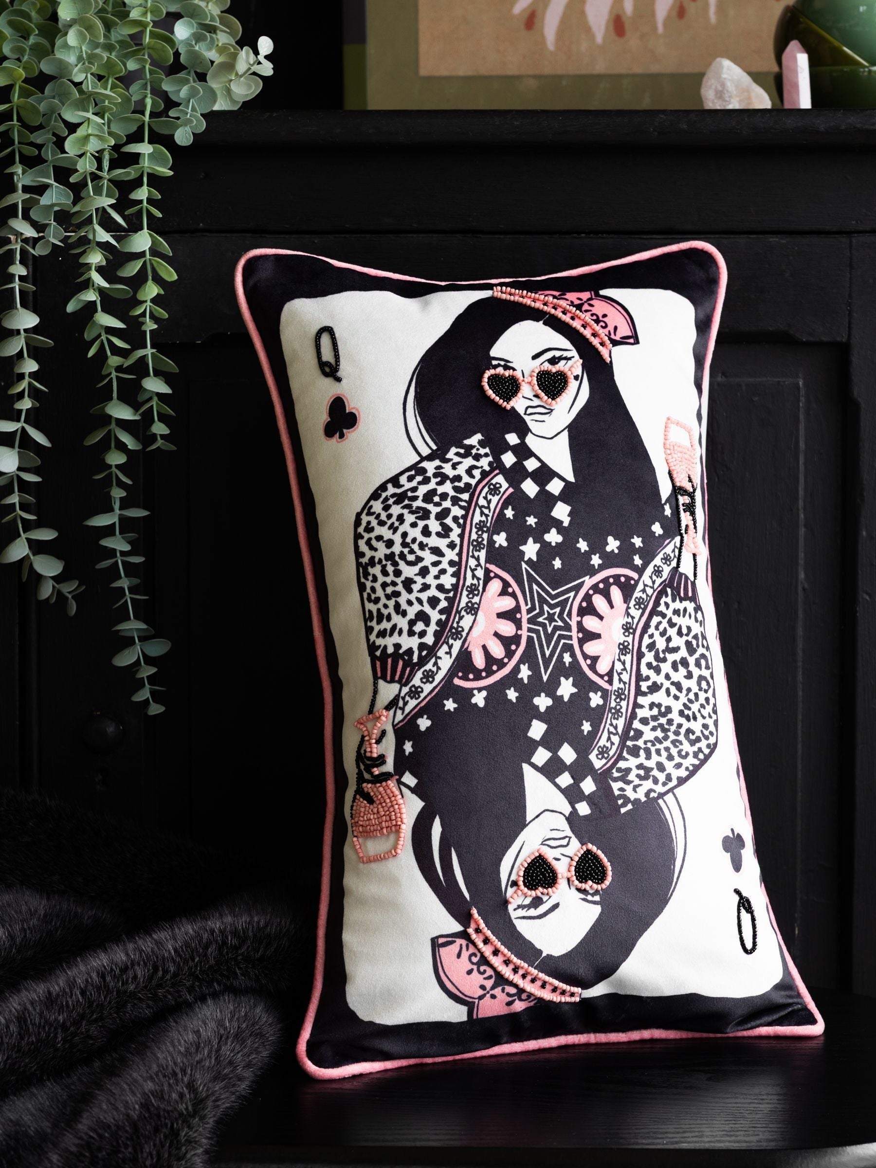 Rockett St George Queen of Clubs beaded velvet cushion 50x30cm - British product