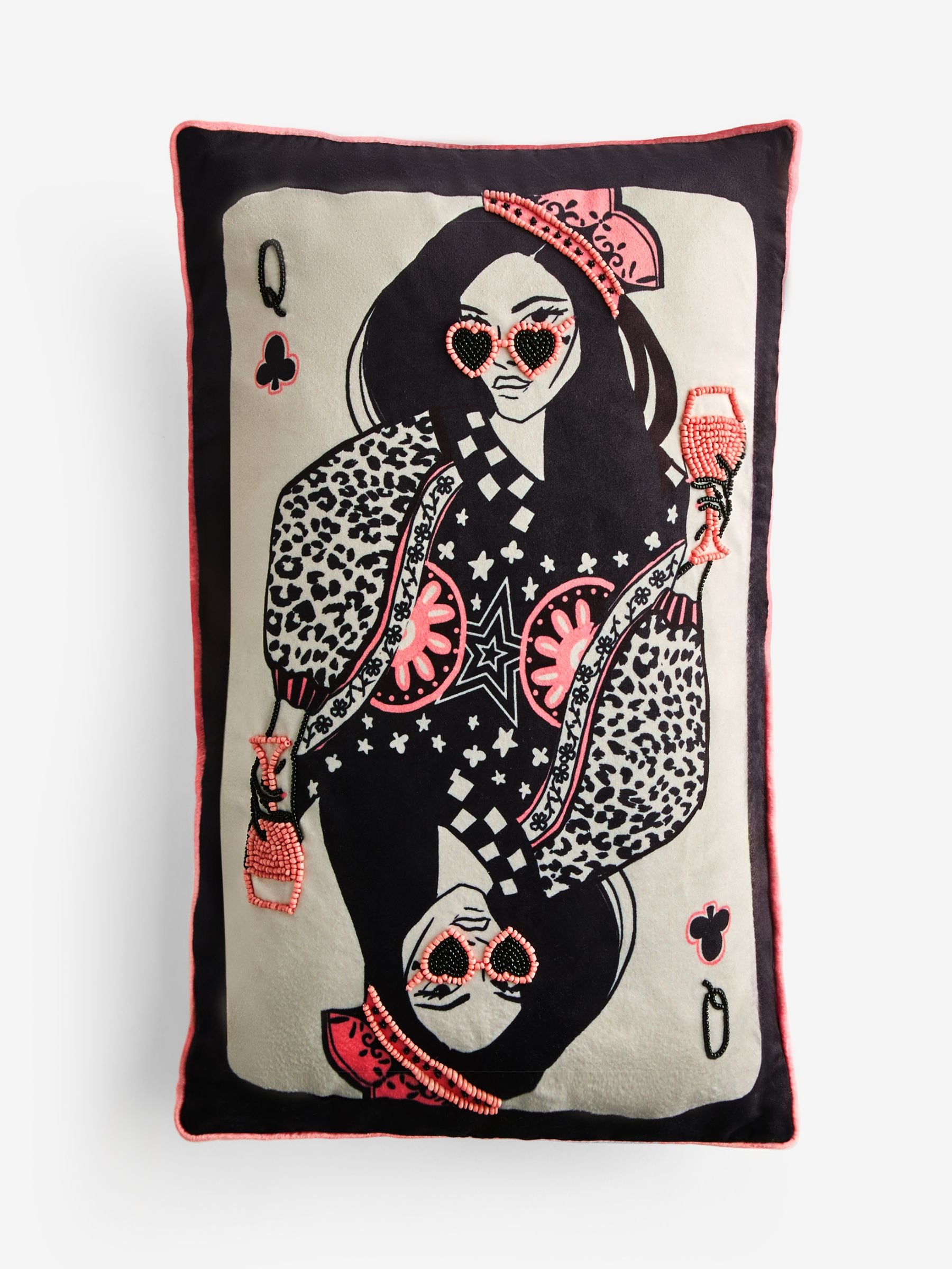 Rockett St George Queen of Clubs beaded velvet cushion 50x30cm - British product
