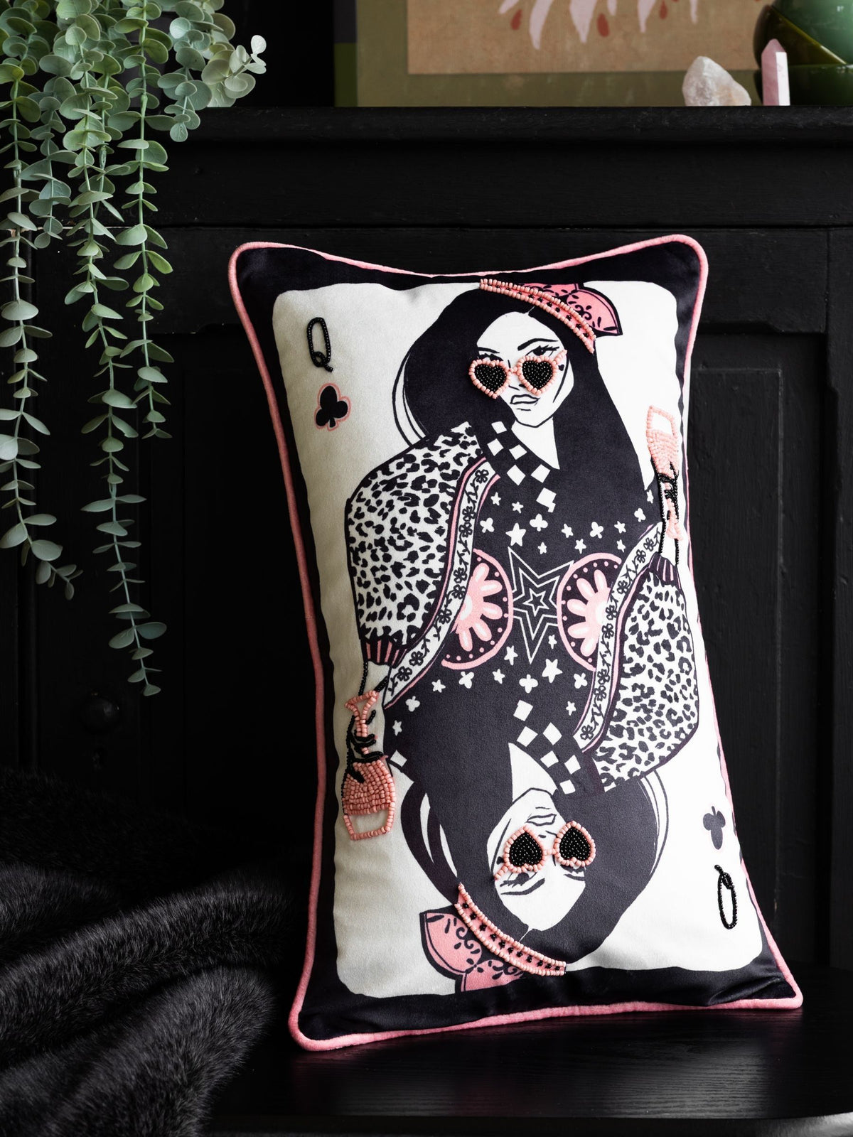 Rockett St George Queen of Clubs beaded velvet cushion 50x30cm - British product
