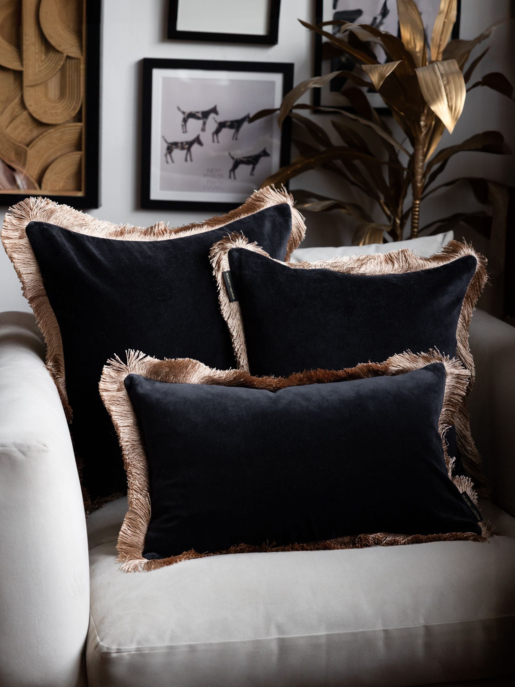 Rockett St George black velvet fringe cushion - British product