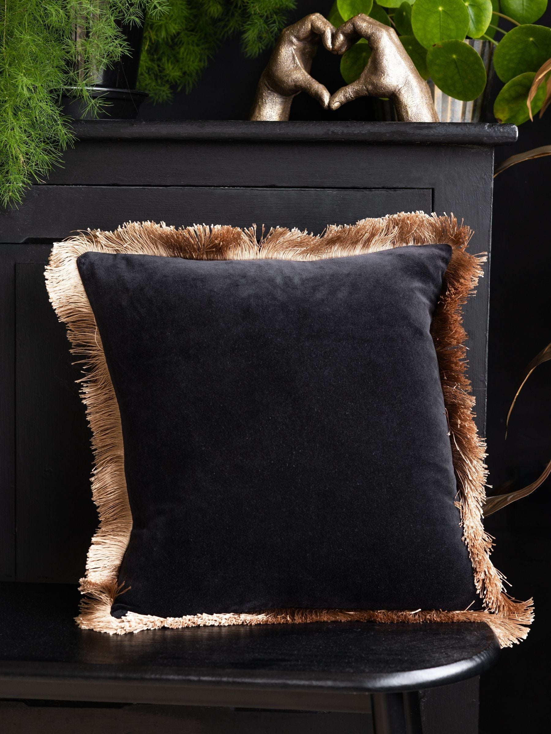 Rockett St George black velvet fringe cushion - British product