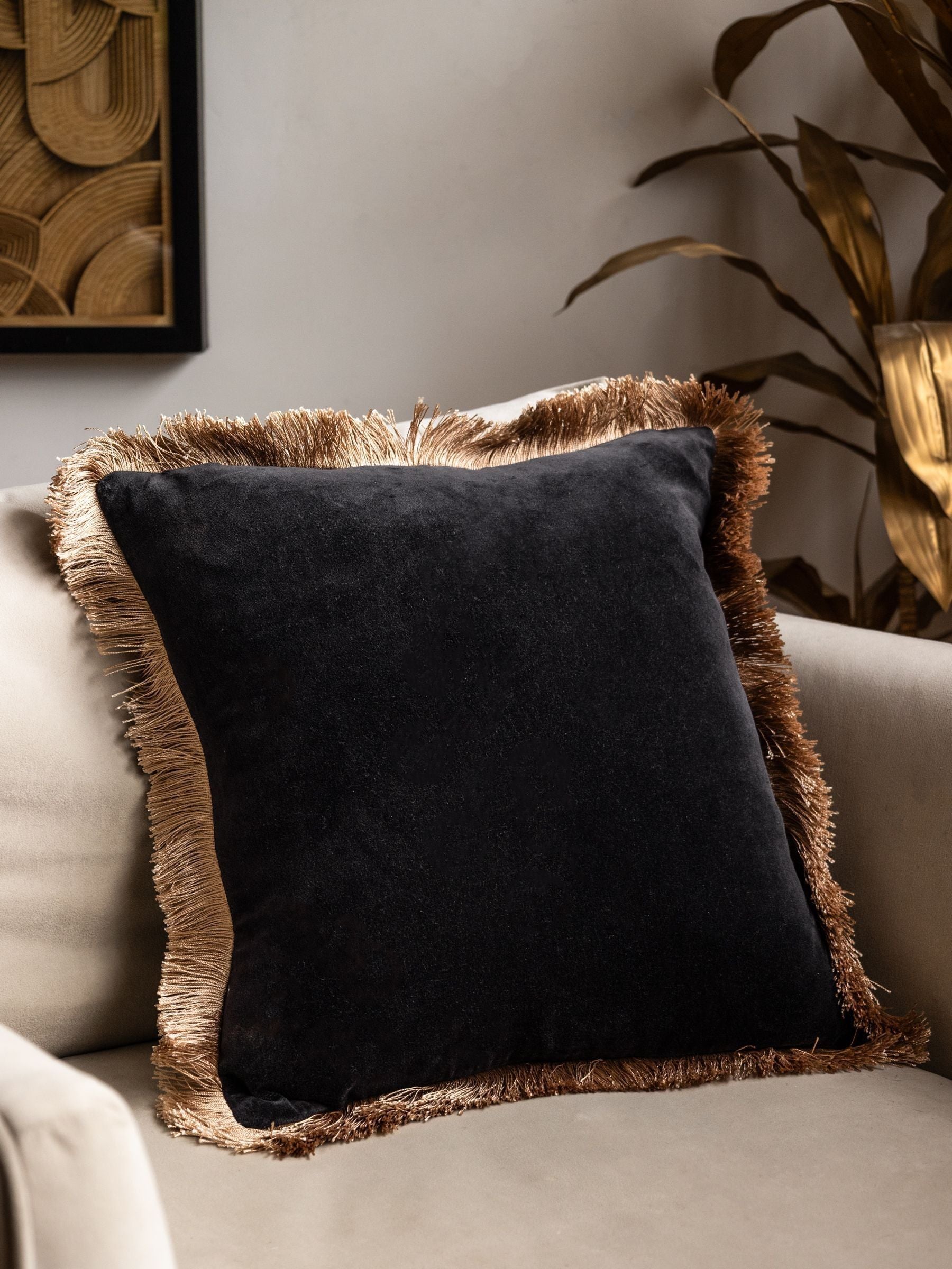 Rockett St George black velvet fringe cushion - British product