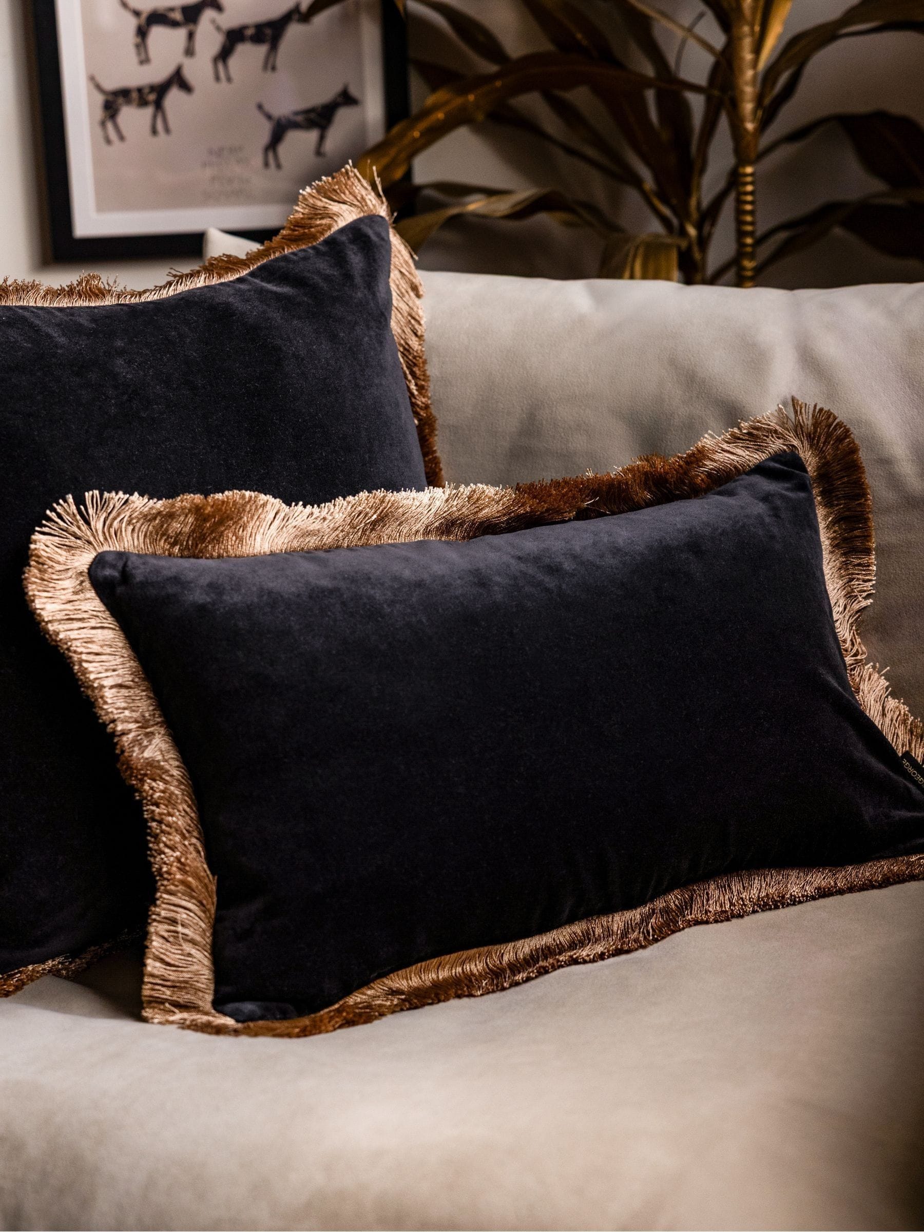 Rockett St George black velvet fringe cushion - British product