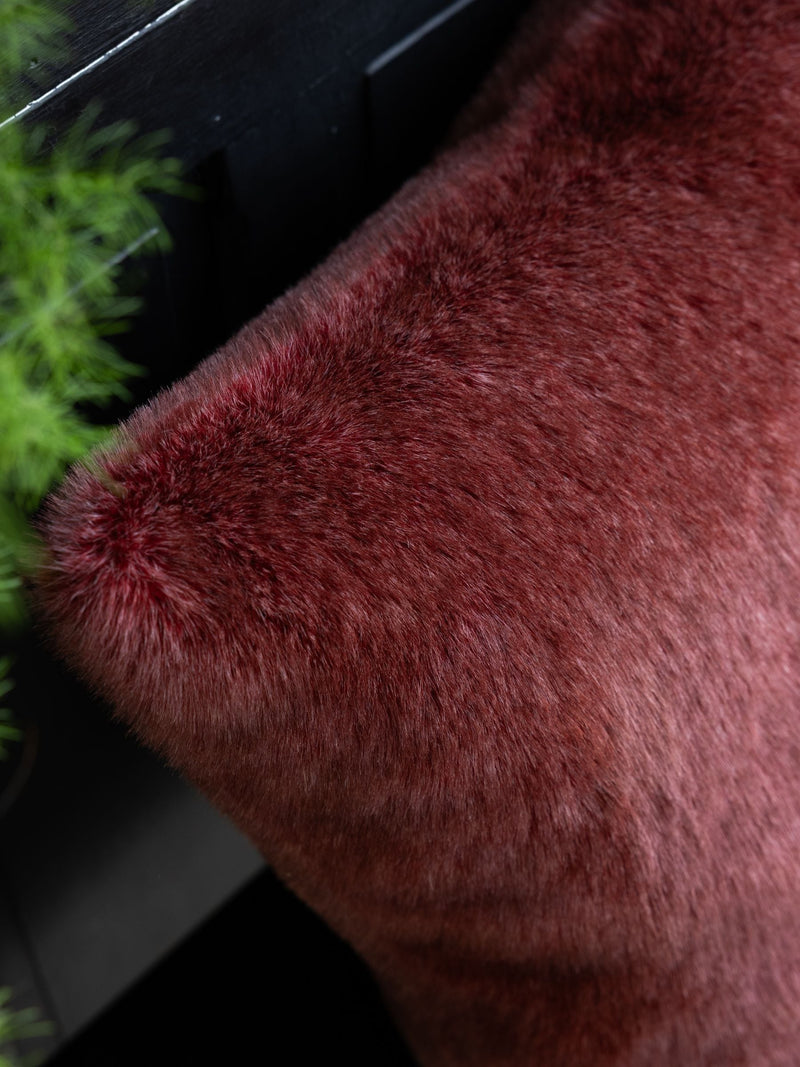 Rockett St George burgundy faux fur cushion 50x50cm, imported from the UK