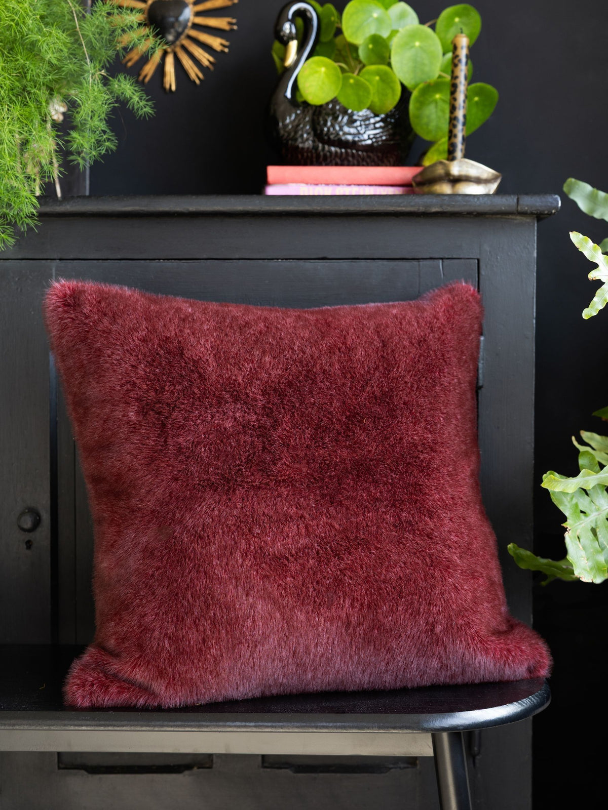 Rockett St George burgundy faux fur cushion 50x50cm, imported from the UK