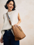 Tan brown structured messenger bag, imported from the UK