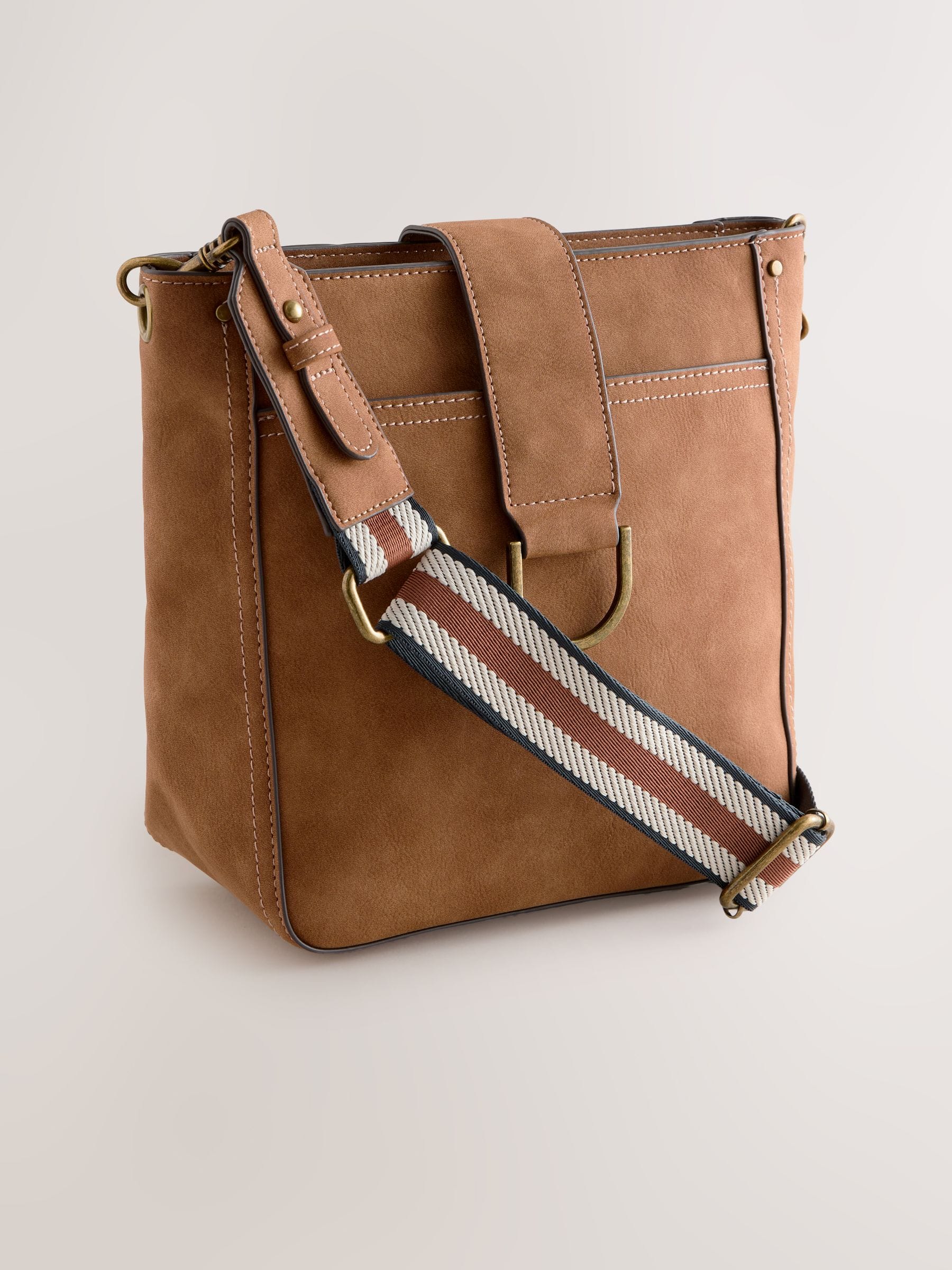 Tan brown structured messenger bag, imported from the UK