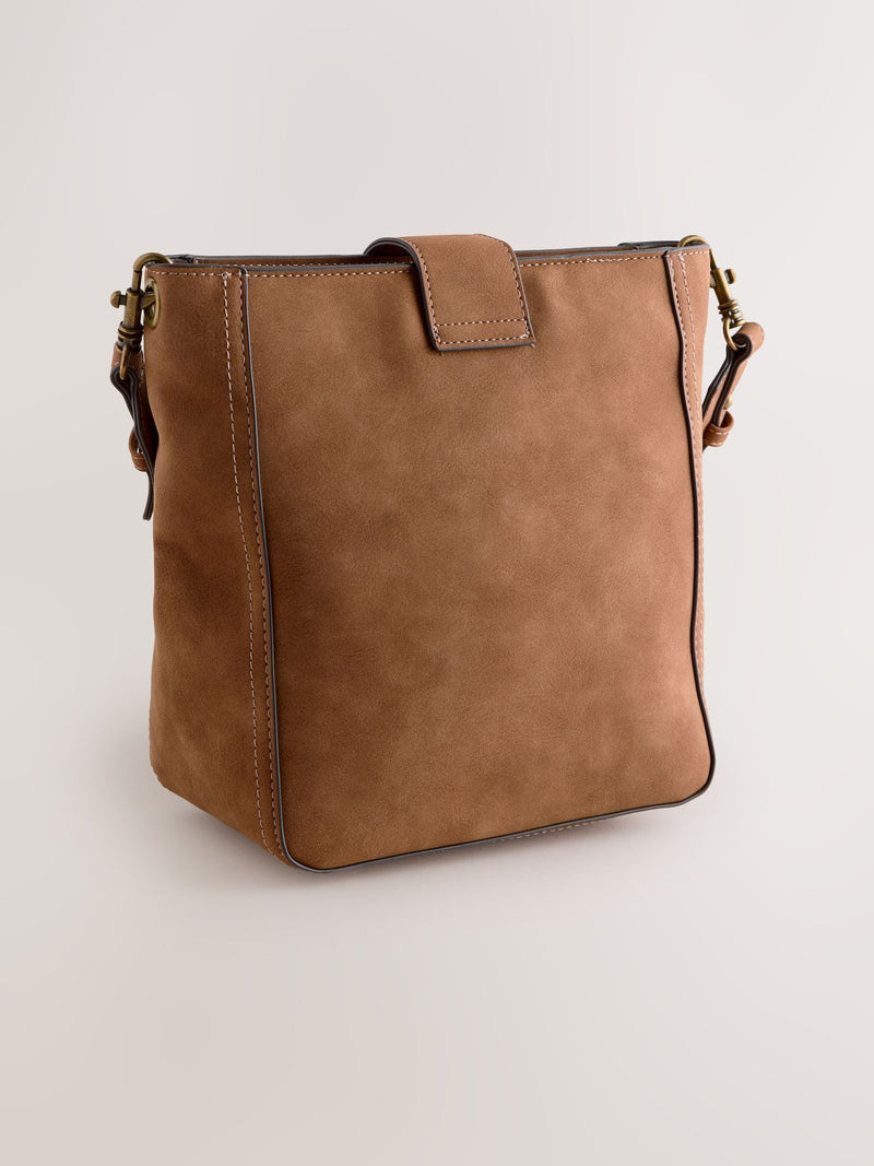 Tan brown structured messenger bag, imported from the UK