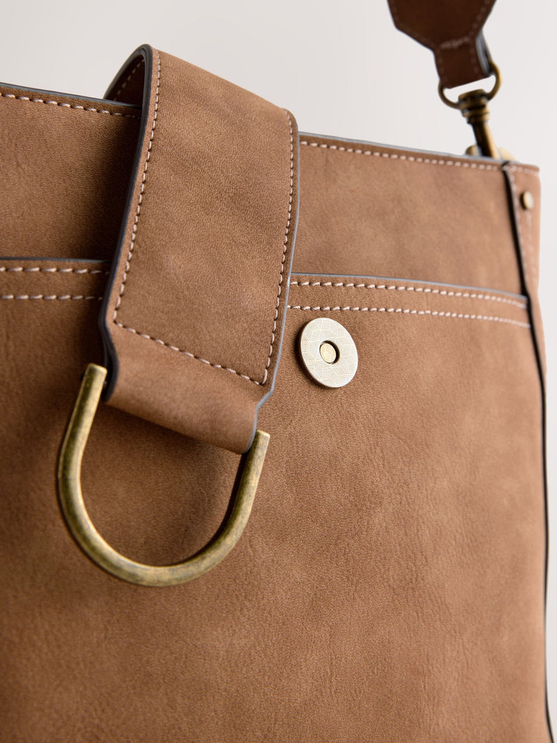 Tan brown structured messenger bag, imported from the UK