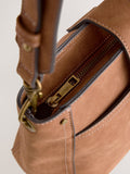 Tan brown structured messenger bag, imported from the UK