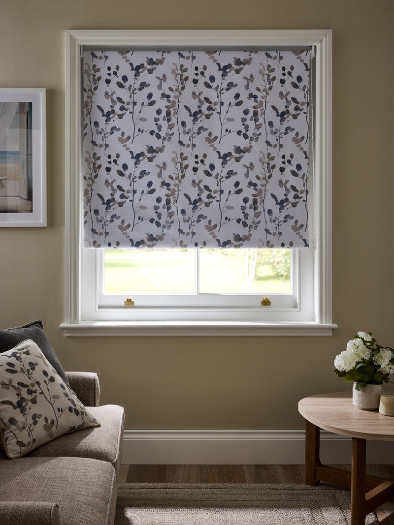 Honesty Leaf blackout roller blind natural blue, UK version