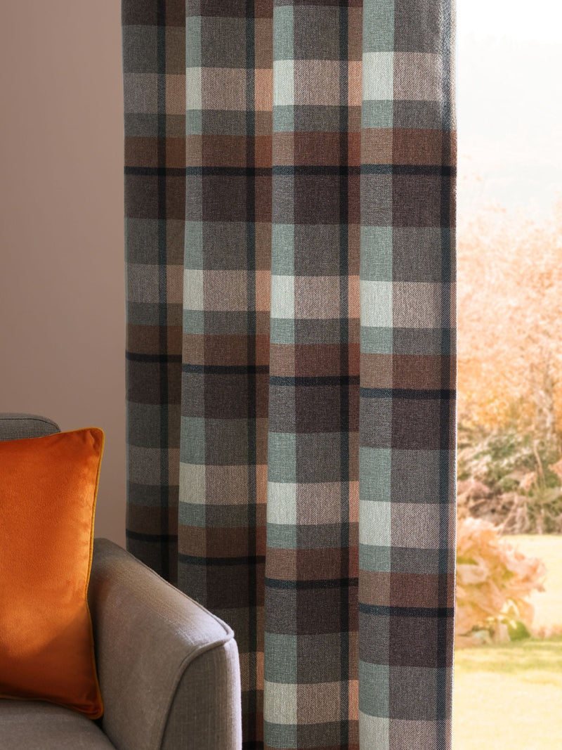 Teal blue brushed check curtains, UK version