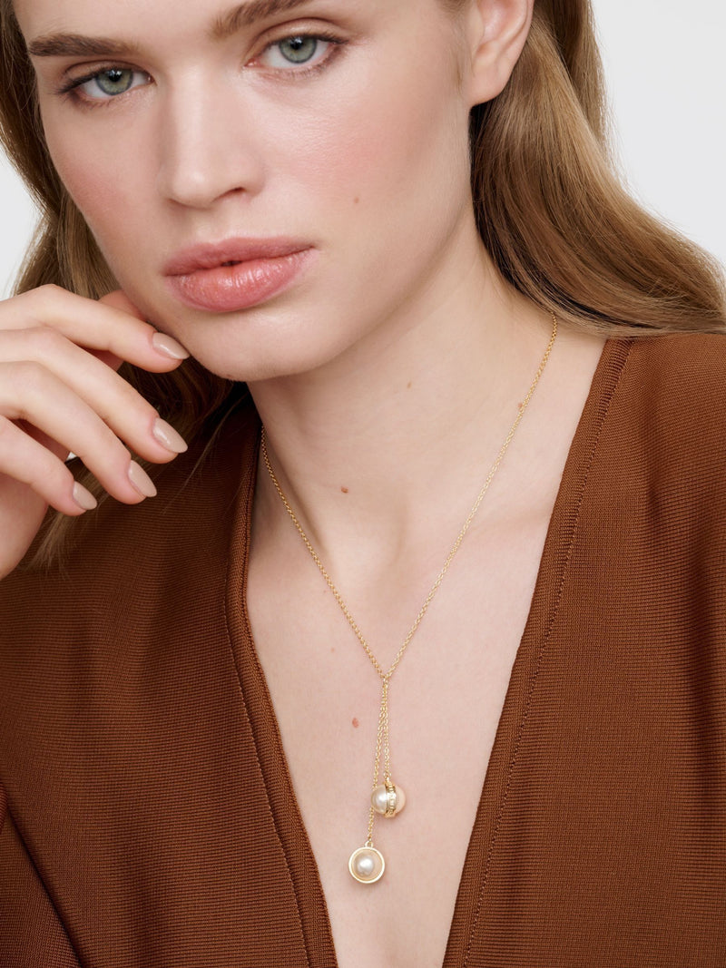 Karen Millen Gold Tone Pearl Double Drop Necklace, UK version