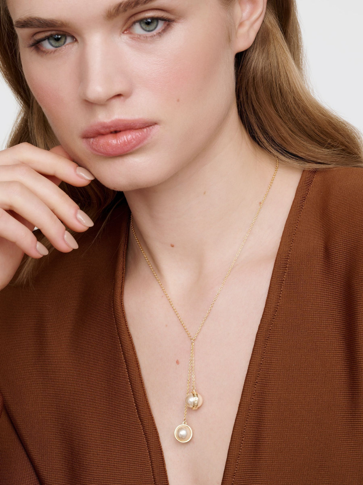 Karen Millen Gold Tone Pearl Double Drop Necklace, UK version