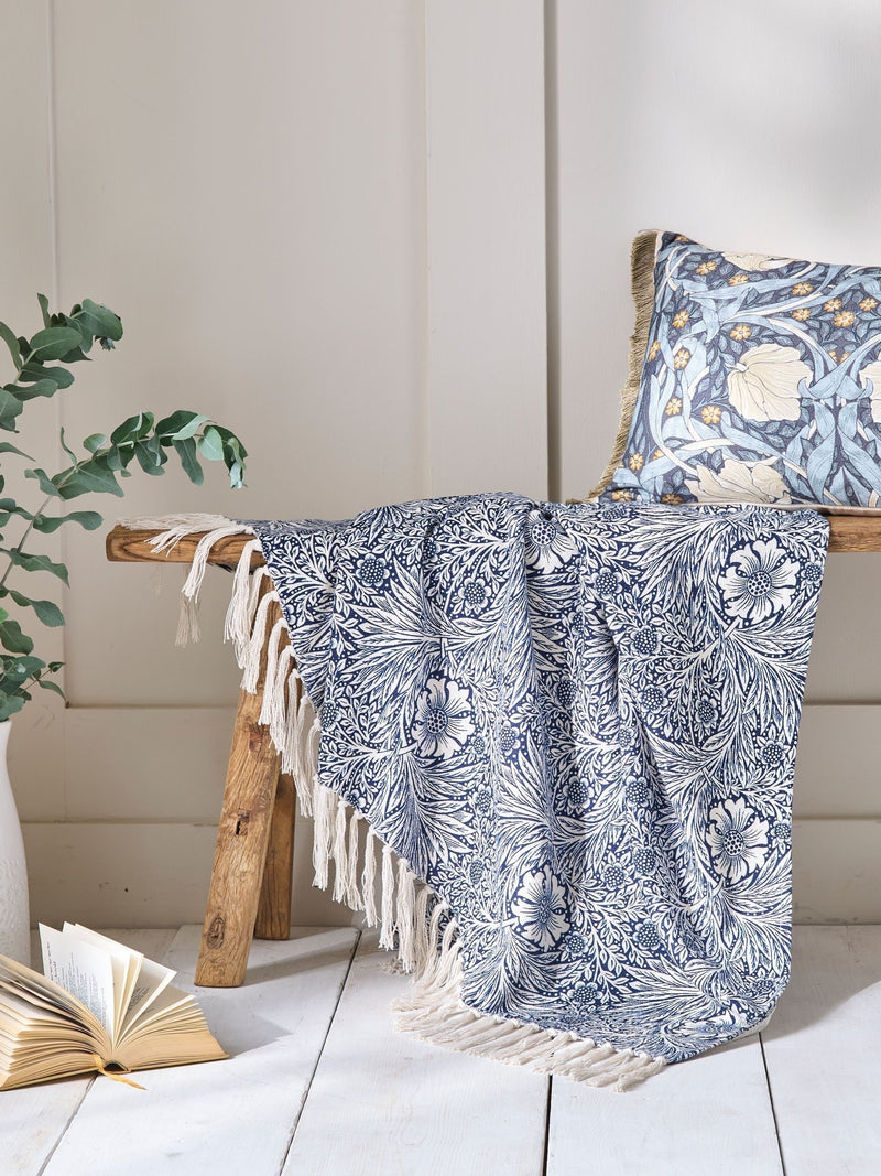 William Morris indigo blue Marigold throw 130x170cm, imported from the UK
