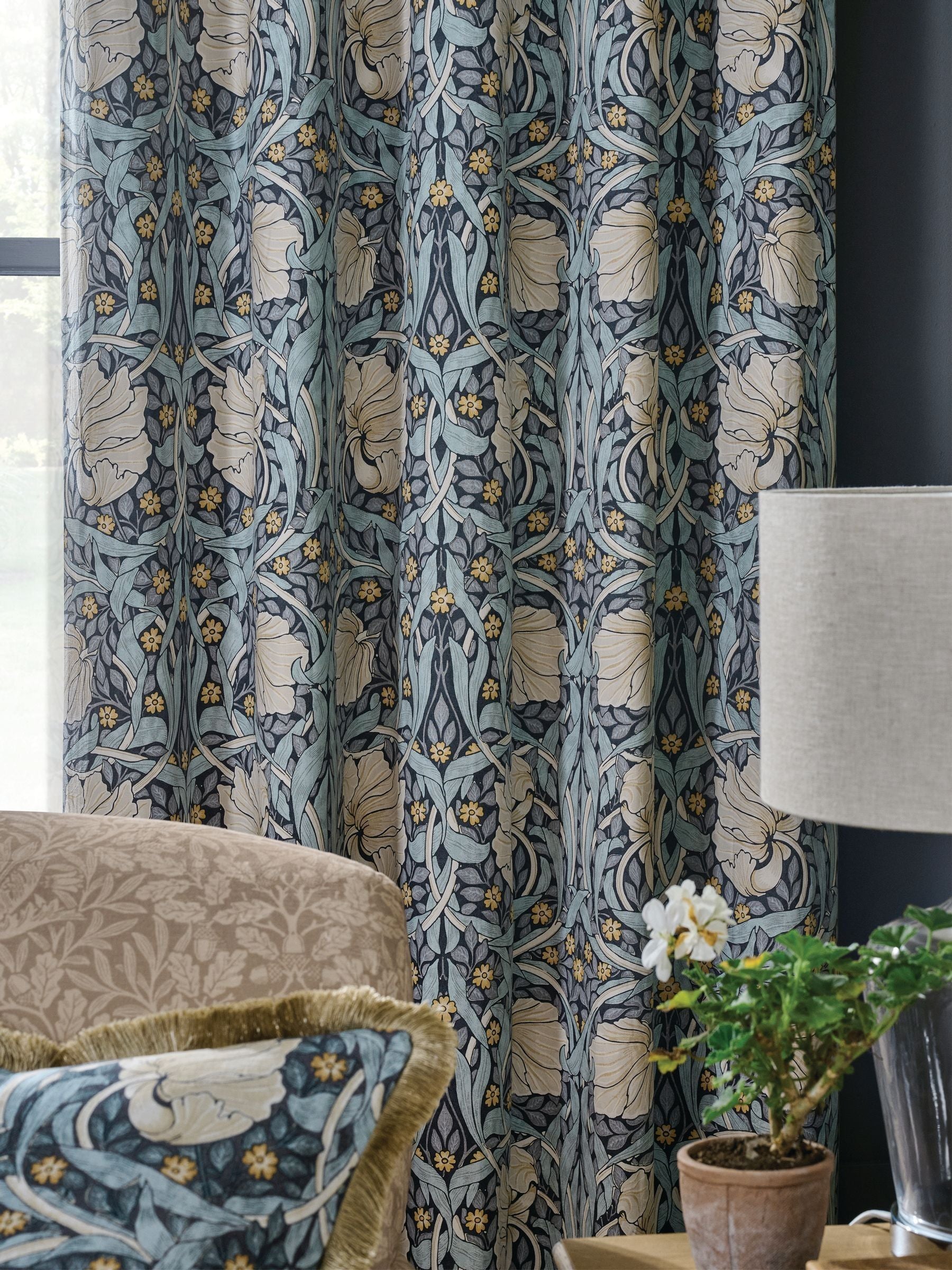 William Morris At Home indigo blue Pimpernel blackout eyelet curtains, UK version
