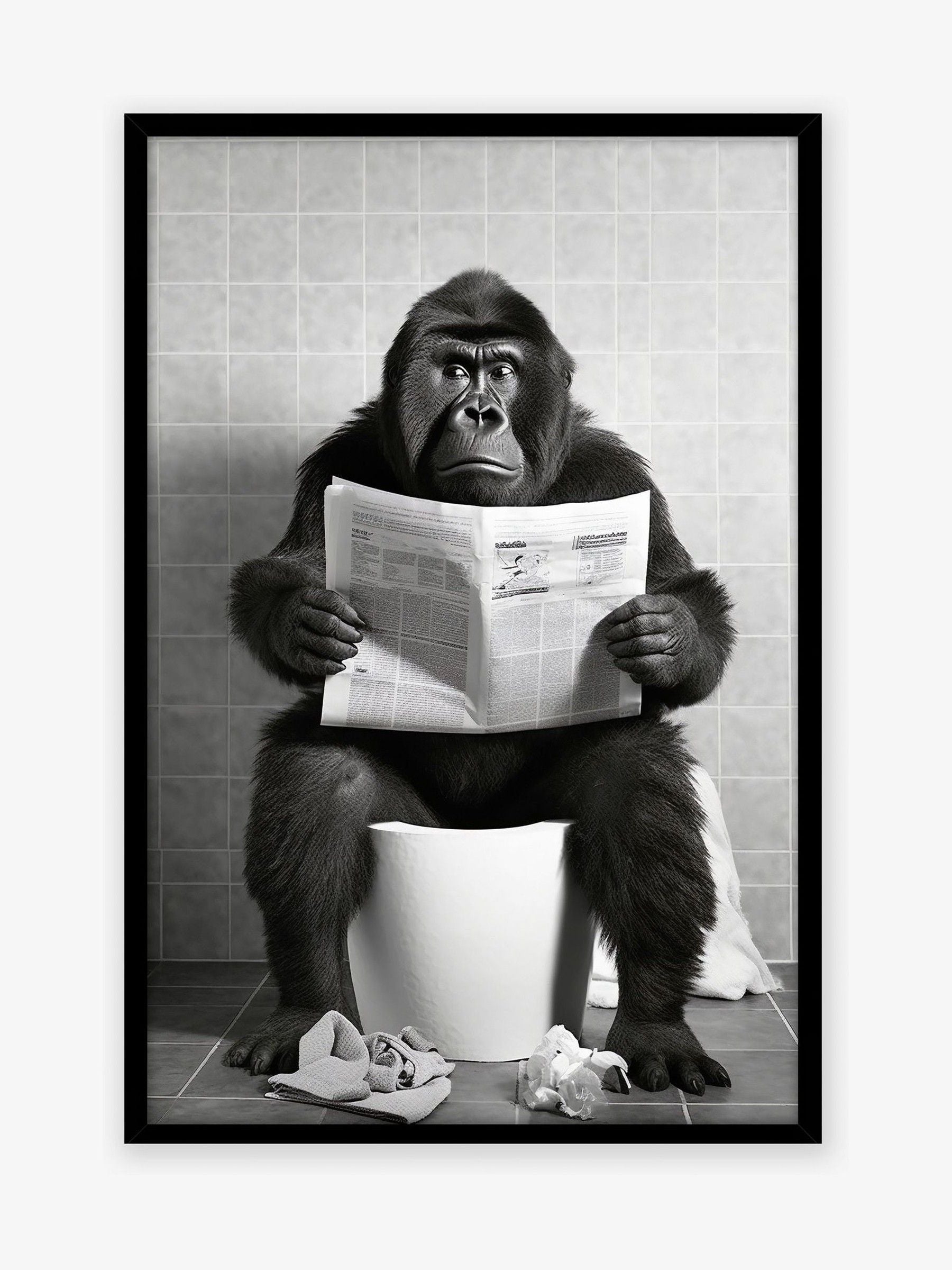 Moonshine Prints Artko Black Bathroom Gorilla framed art print 43.5cm x 43.5cm - British product
