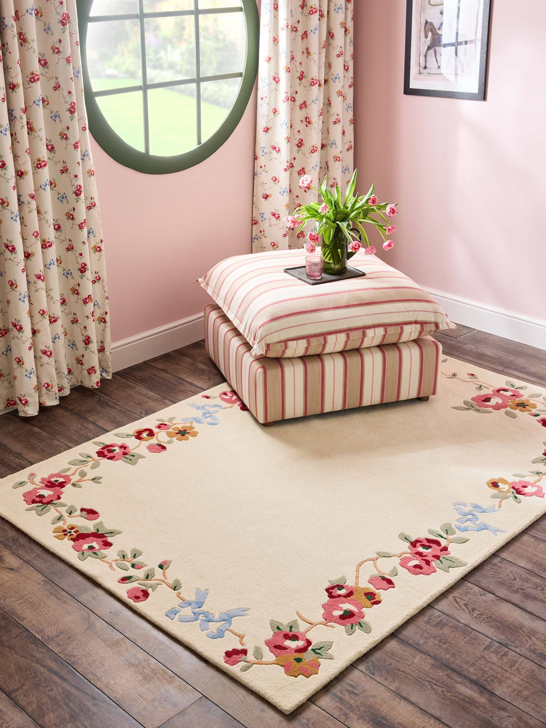 Cath Kidston wool tufted rug in rose and bows design, imported from the UK