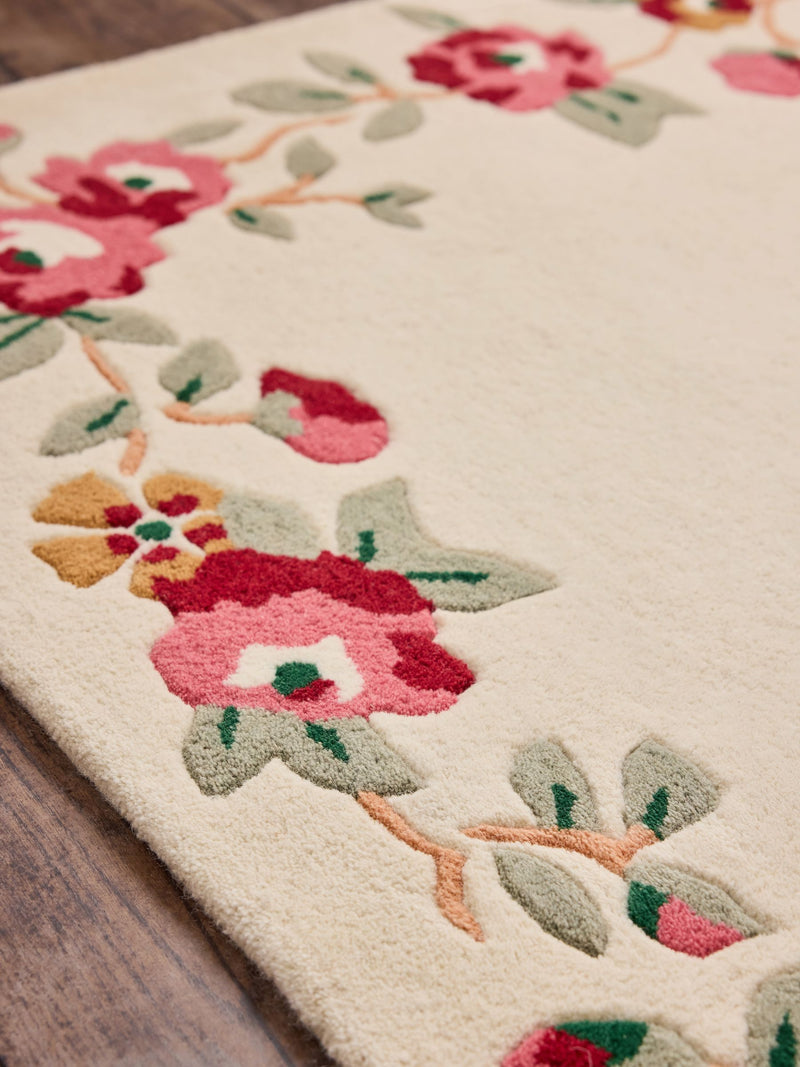 Cath Kidston wool tufted rug in rose and bows design, imported from the UK