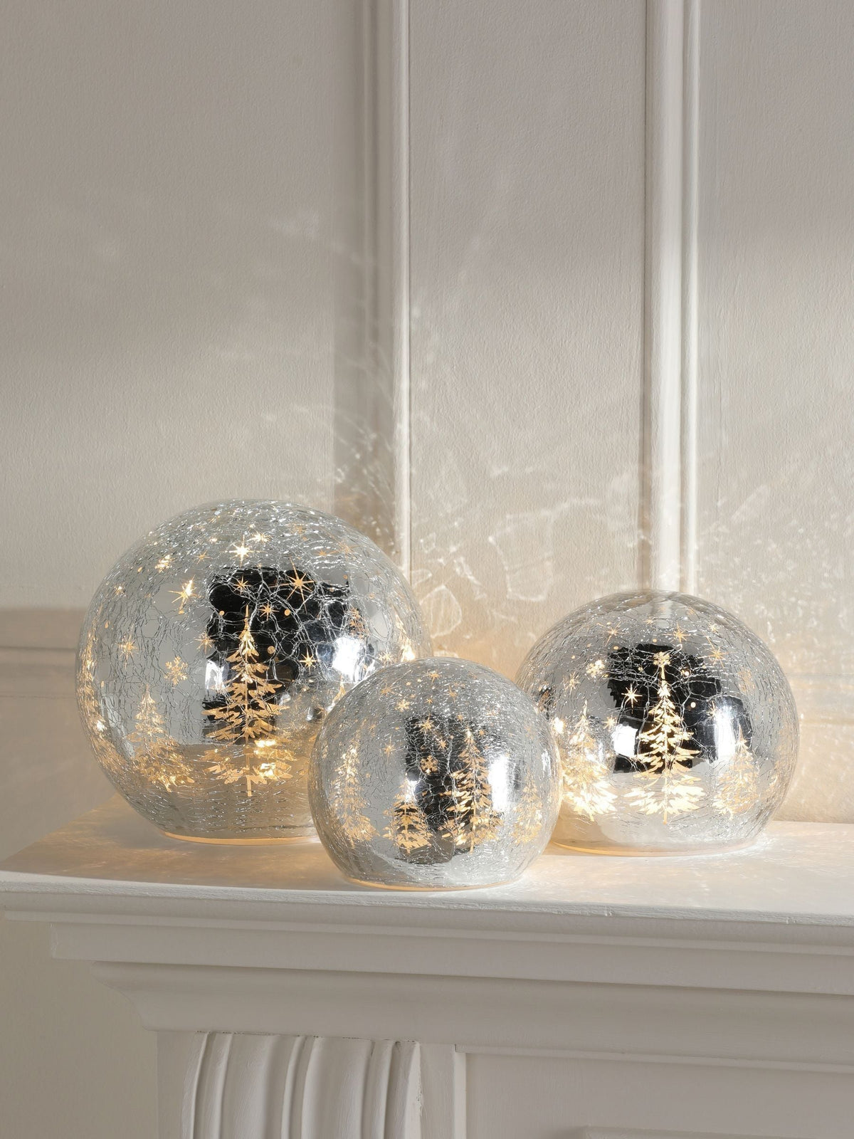 Laura Ashley set of 3 silver glass lit Christmas ornaments, UK version