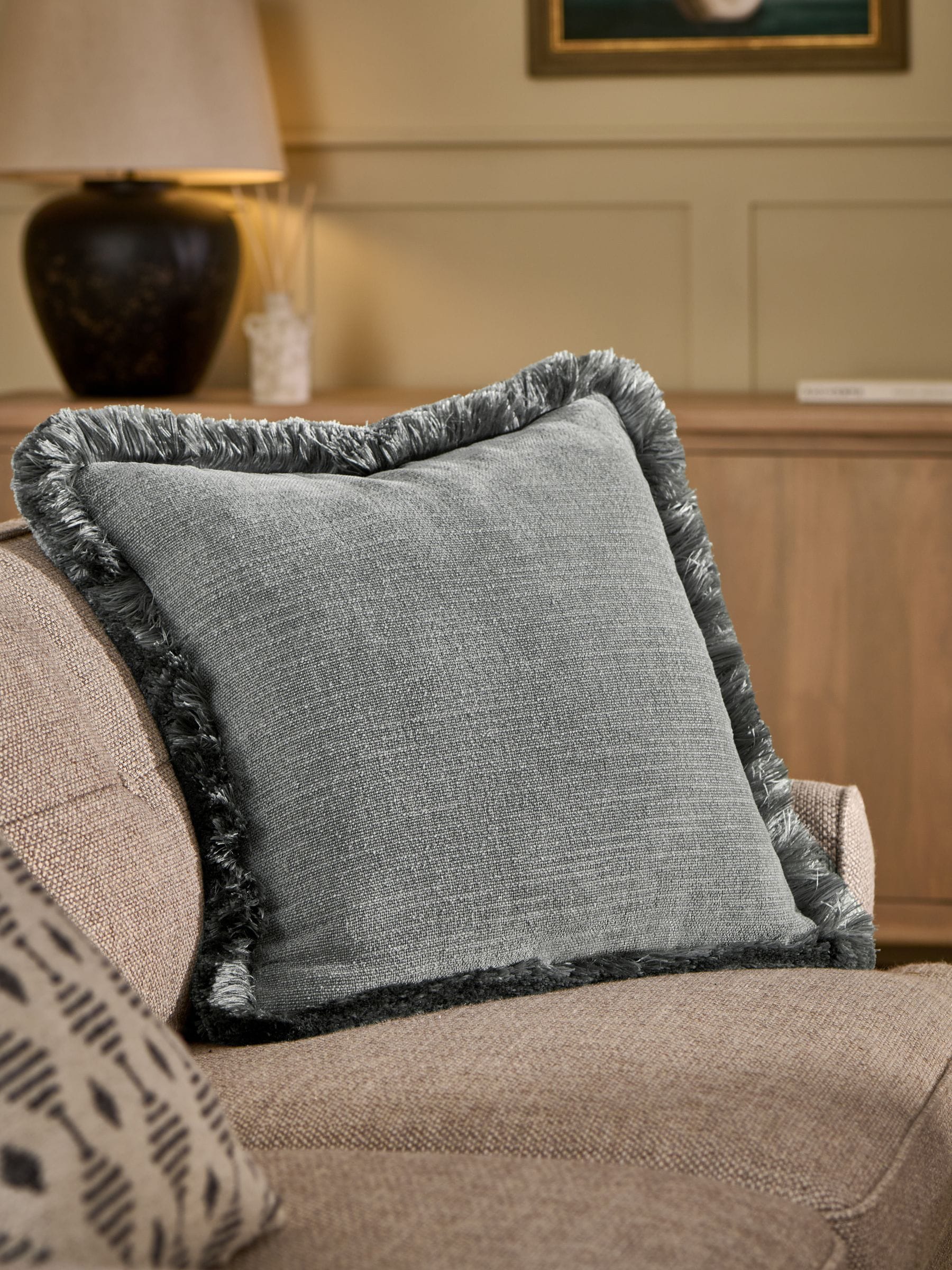 Mid Natural Chunky Fringe Velvet Chenille Cushion 50x50cm