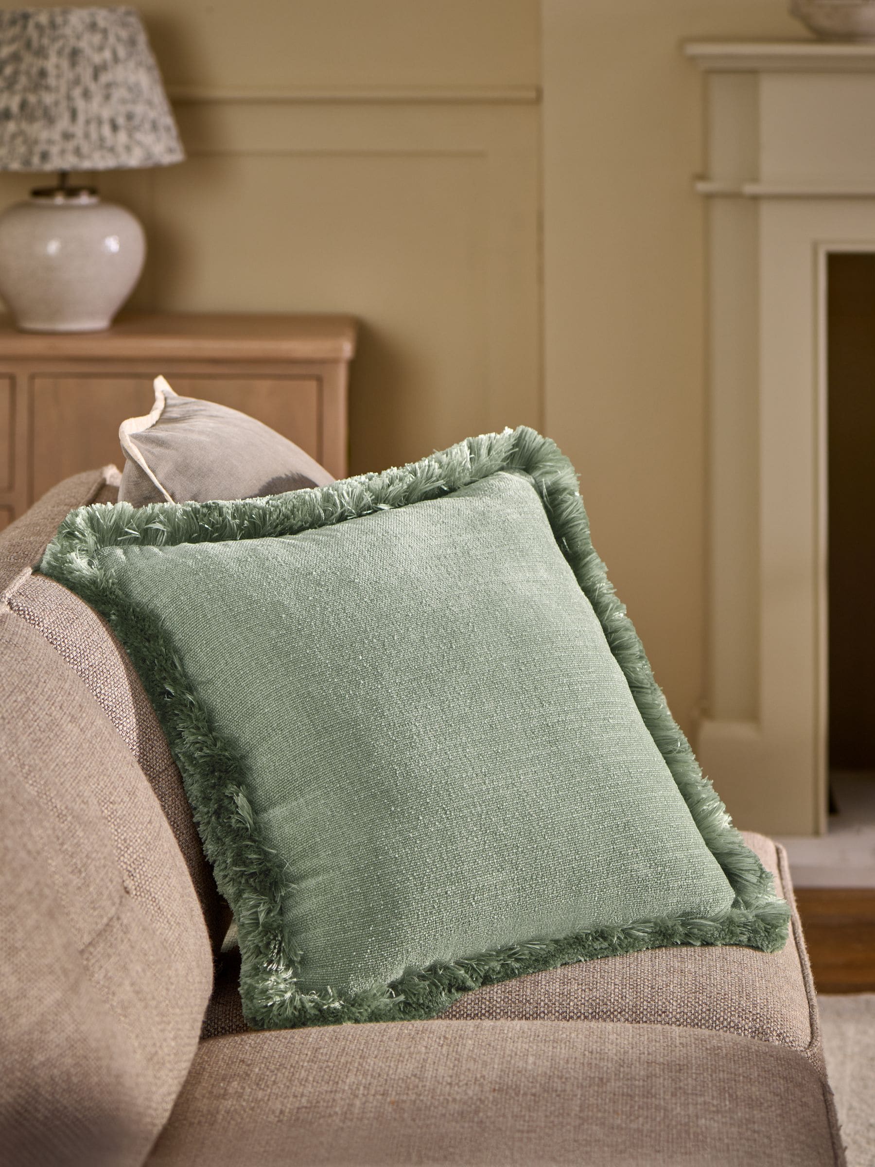 Mid Natural Chunky Fringe Velvet Chenille Cushion 50x50cm
