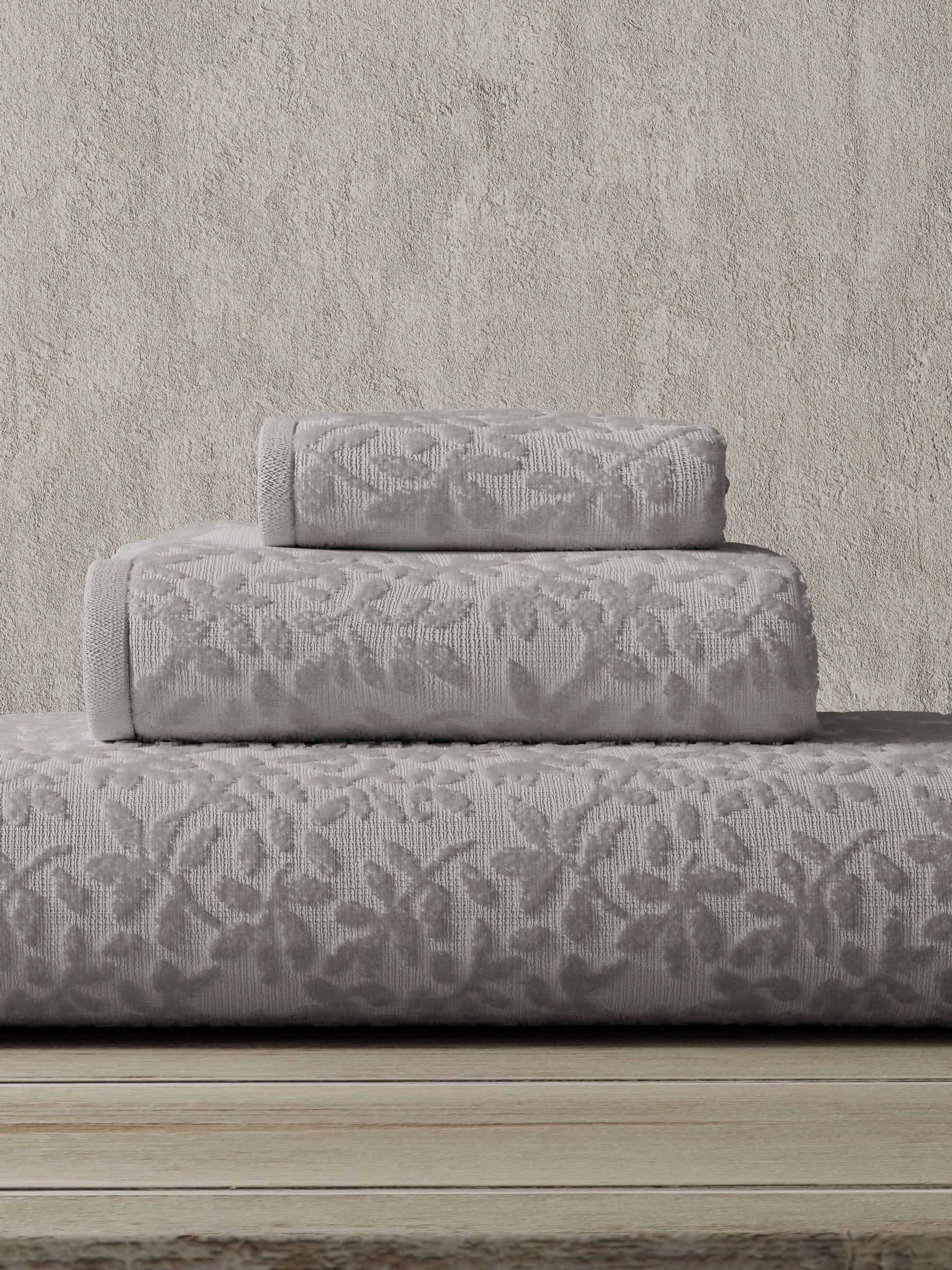 Vantona stone grey jacquard leaf hand towel pair, imported from the UK