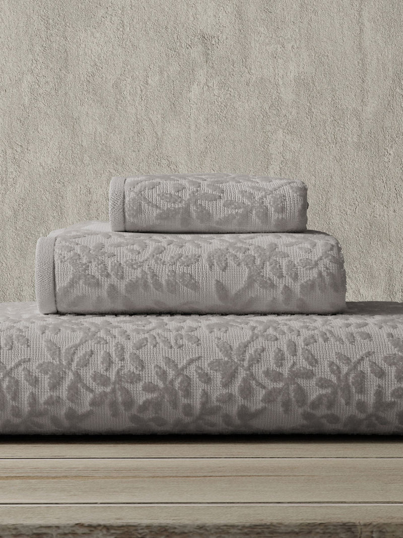 Vantona stone grey jacquard leaf hand towel pair, imported from the UK