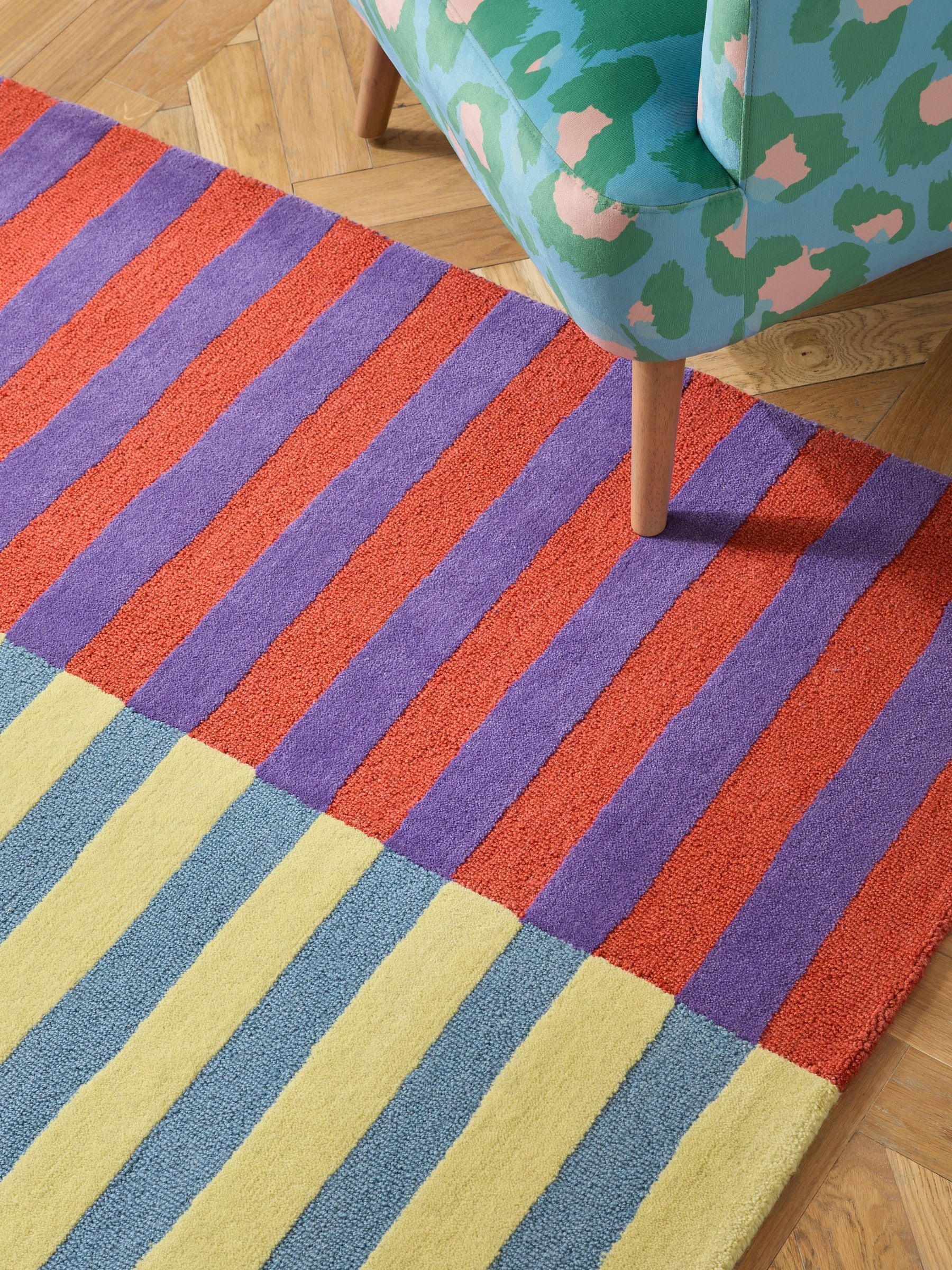 Eleanor Bowmer multi stripe wool tufted rug, imported from the UK