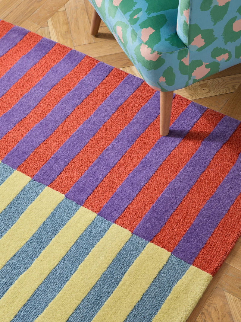 Eleanor Bowmer multi stripe wool tufted rug, imported from the UK