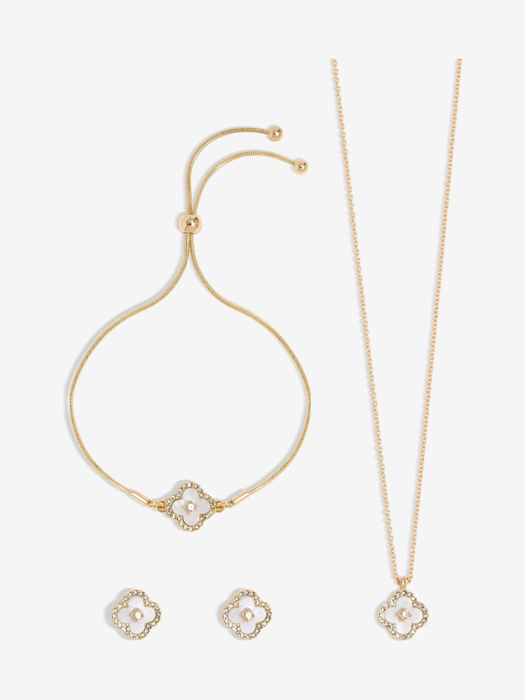 Gold Tone Crystal Clover Trio Necklace Set with 16 Inch Chain