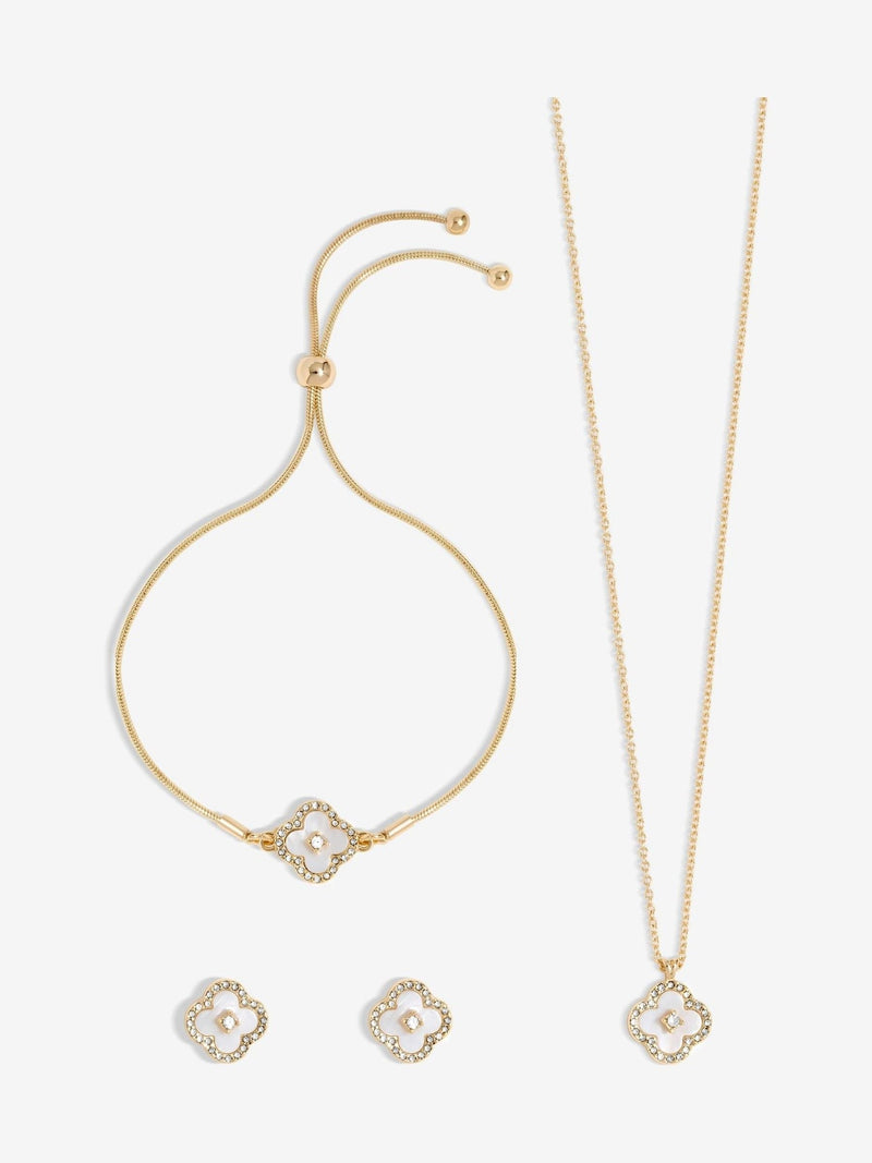 Gold Tone Crystal Clover Trio Necklace Set with 16 Inch Chain