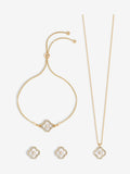 Gold Tone Crystal Clover Trio Necklace Set with 16 Inch Chain