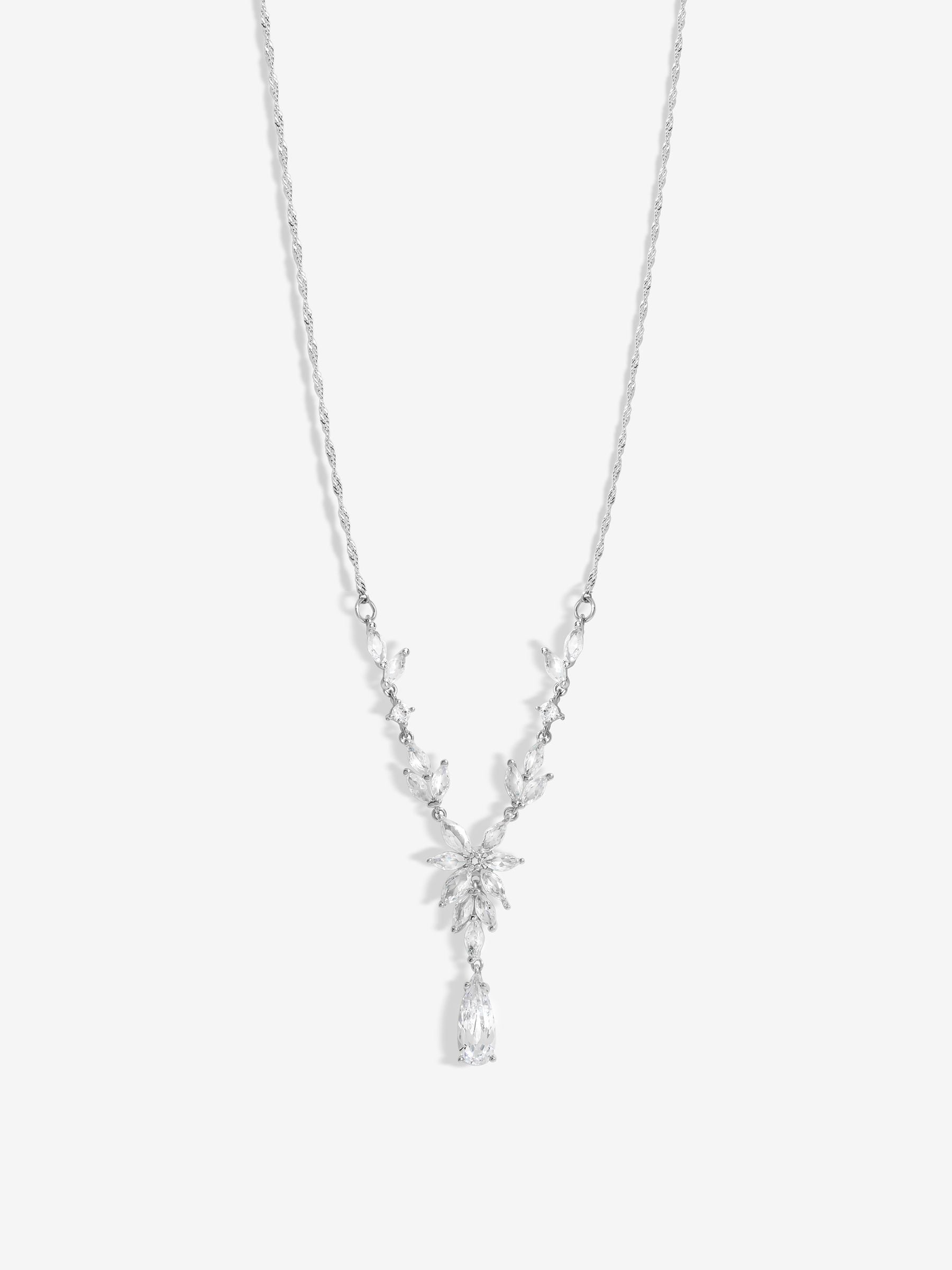 Jon Richard silver tone cubic zirconia floral Y necklace 16-inch, UK version