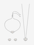 Jon Richard silver tone pearl crystal heart trio jewellery set, UK version