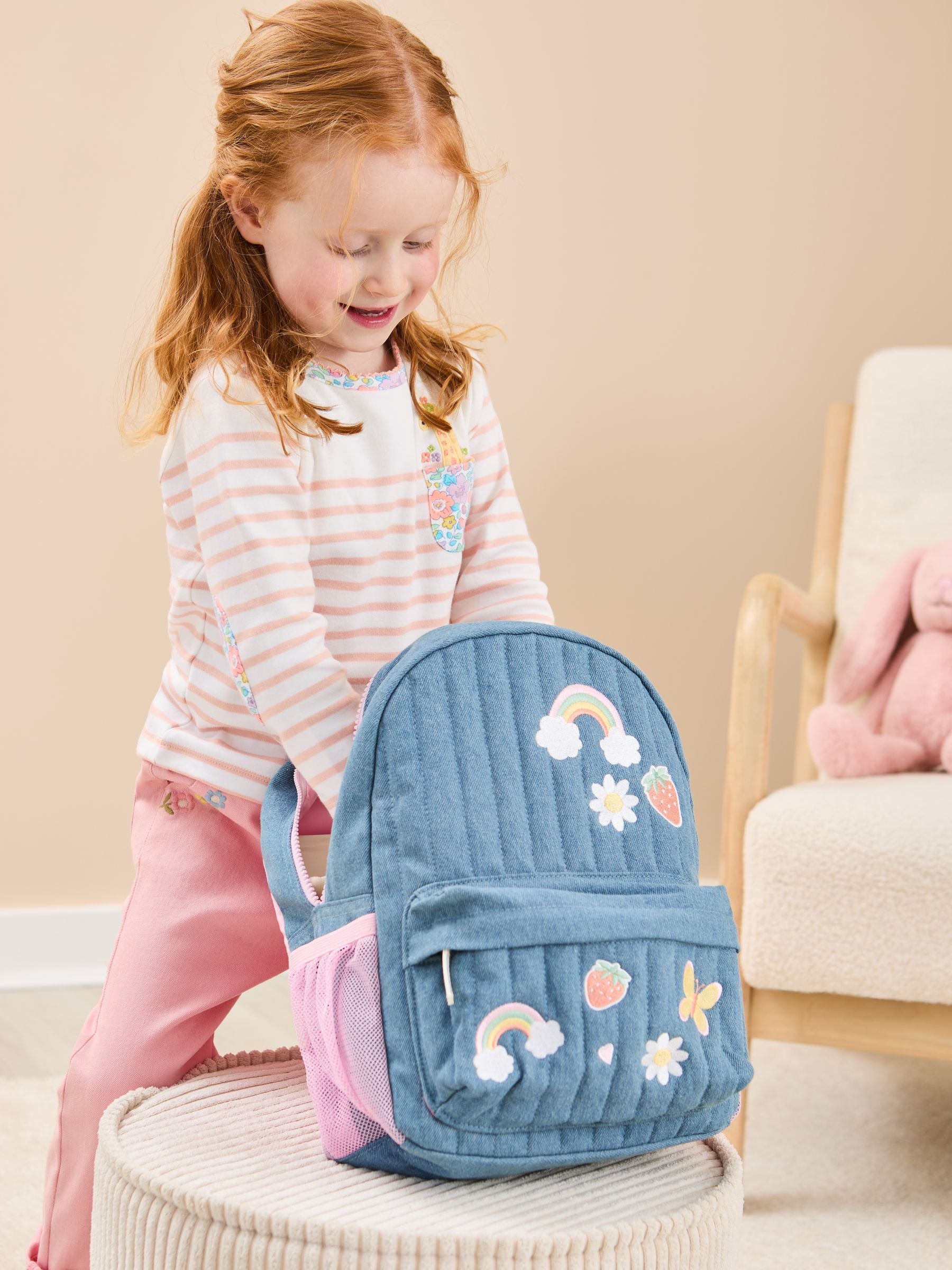 JoJo Maman Bébé quilted denim embroidered medium backpack, imported from the UK