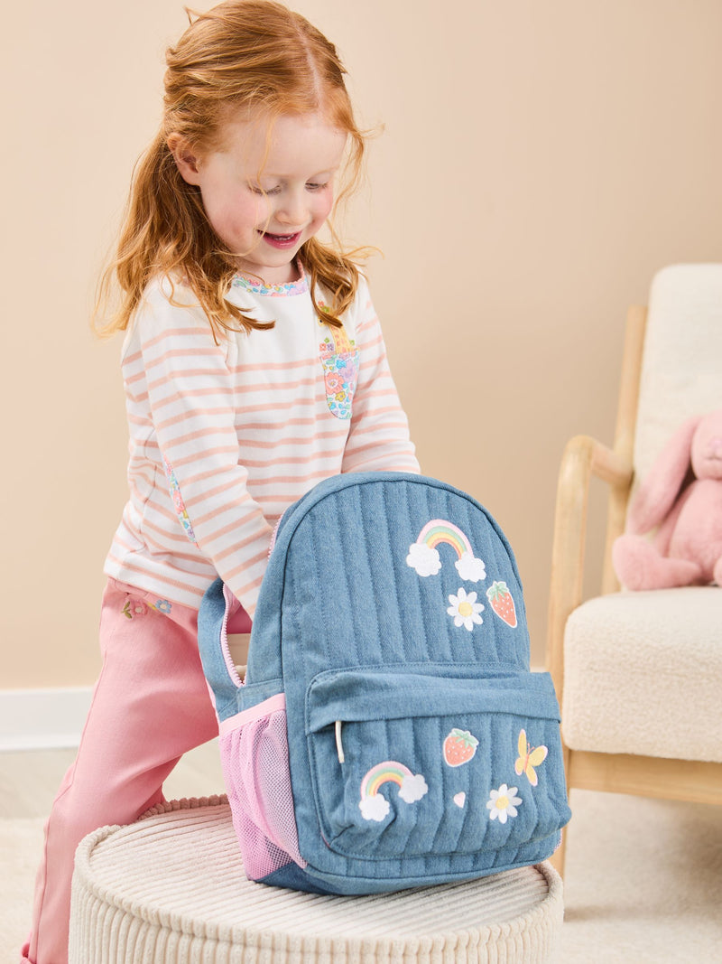 JoJo Maman Bébé quilted denim embroidered medium backpack, imported from the UK